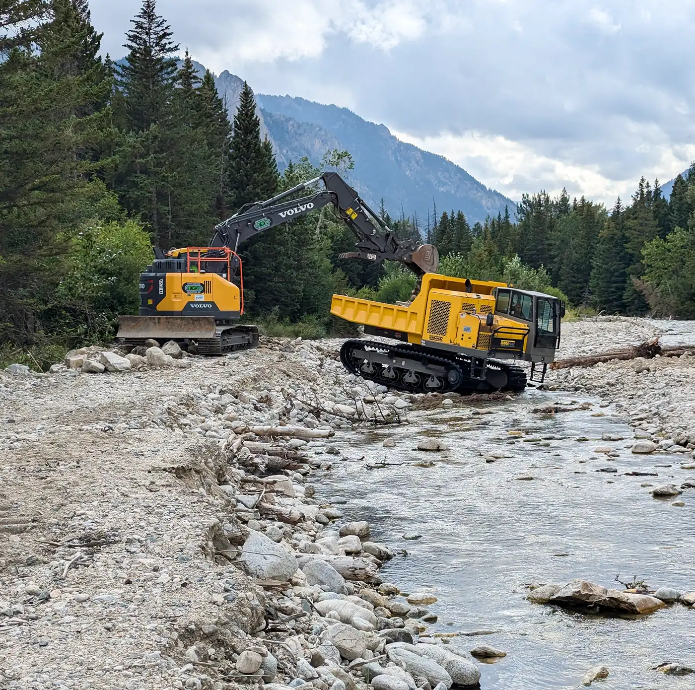 Water Resources Engineering 1 Heavy machinery working on riverbank erosion control in a mountainous forest setting. Montana stream restoration project.